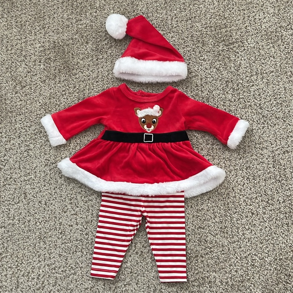 Rudolph the Red Nosed Reindeer Christmas Outfit and Santa Hat - 3 months
